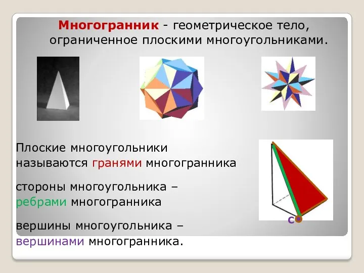 Многогранник - геометрическое тело, ограниченное плоскими многоугольниками. Плоские многоугольники называются