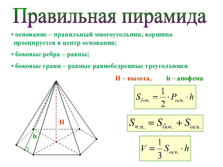 Правильная пирамида основание – правильный многоугольник, вершина проецируется в центр
