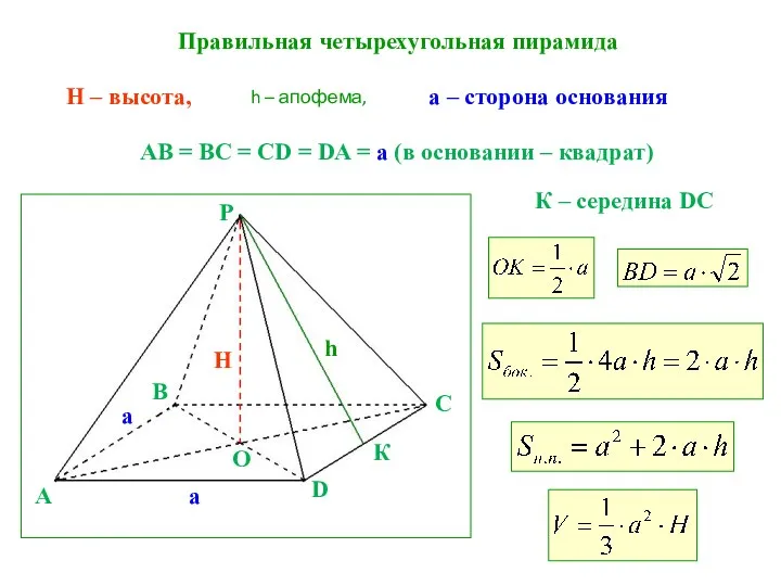 Правильная четырехугольная пирамида h – апофема, H – высота, AB