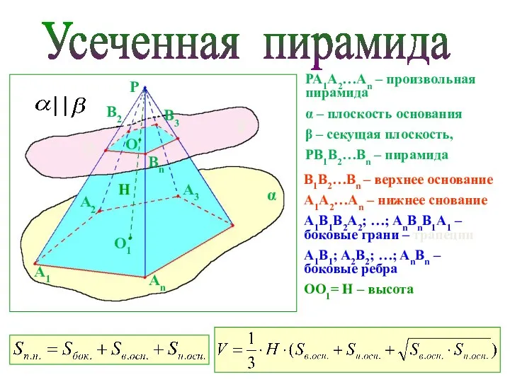 PA1A2…An – произвольная пирамида α – плоскость основания β –