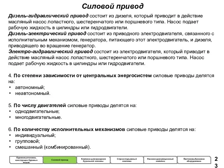 Силовой привод Дизель-гидравлический привод состоит из дизеля, который приводит в