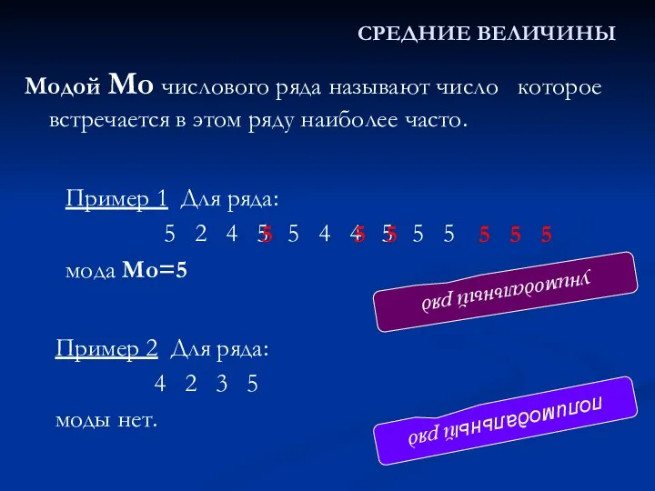 СРЕДНИЕ ВЕЛИЧИНЫ Модой Mo числового ряда называют число которое встречается