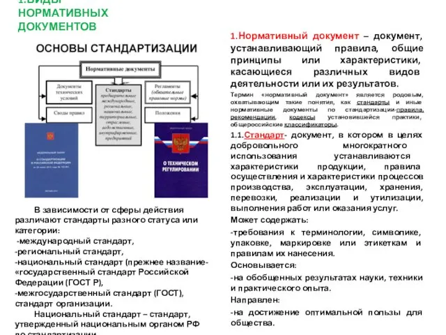 1.ВИДЫ НОРМАТИВНЫХ ДОКУМЕНТОВ 1.Нормативный документ – документ, устанавливающий правила, общие