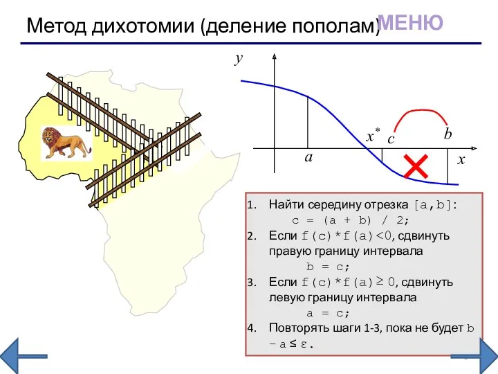 Метод дихотомии (деление пополам) Найти середину отрезка [a,b]: c =