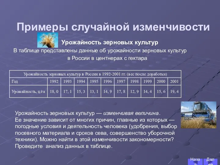 Примеры случайной изменчивости В таблице представлены данные об урожайности зерновых культур в России