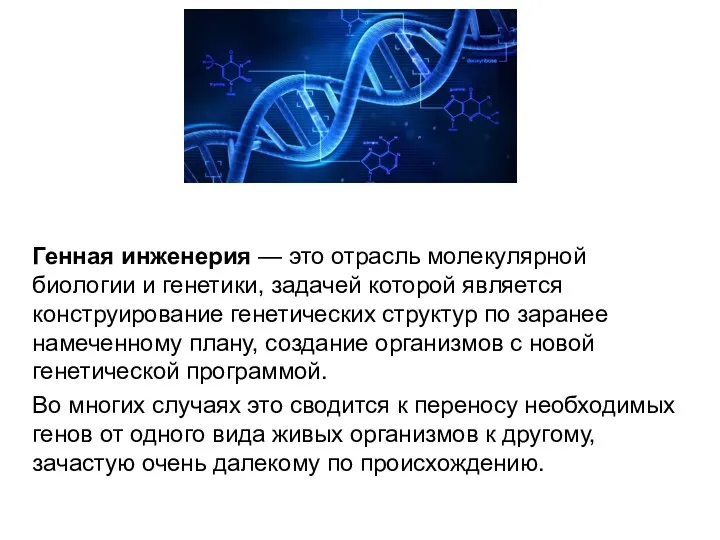 Генная инженерия — это отрасль молекулярной биологии и генетики, задачей которой является конструирование