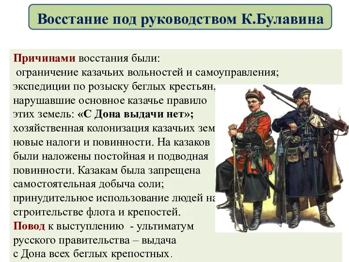 Причинами восстания были: ограничение казачьих вольностей и самоуправления; экспедиции по