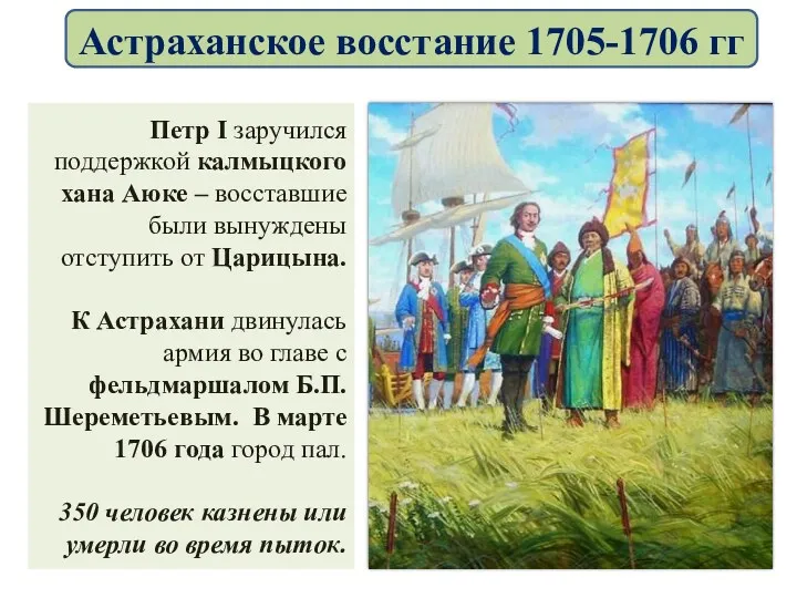 Петр I заручился поддержкой калмыцкого хана Аюке – восставшие были