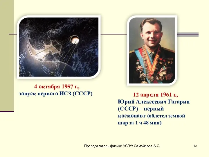4 октября 1957 г., запуск первого ИСЗ (СССР) 12 апреля 1961 г., Юрий