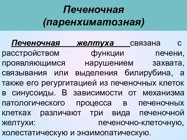 Печеночная (паренхиматозная) Печеночная желтуха связана с расстройством функции печени, проявляющимся