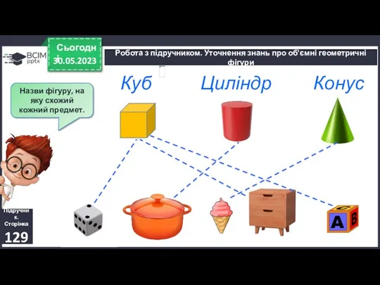 30.05.2023 Сьогодні Робота з підручником. Уточнення знань про об'ємні геометричні