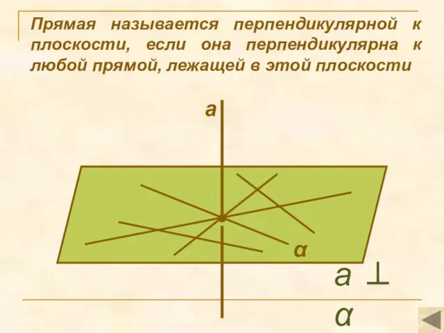 Прямая называется перпендикулярной к плоскости, если она перпендикулярна к любой