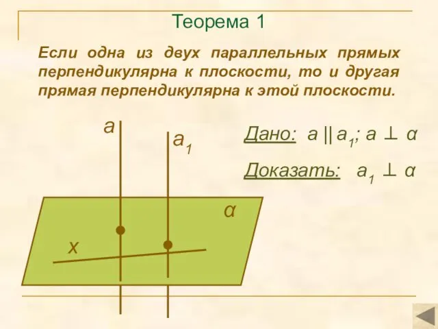 Теорема 1 Если одна из двух параллельных прямых перпендикулярна к