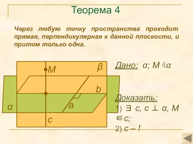 Теорема 4 Через любую точку пространства проходит прямая, перпендикулярная к