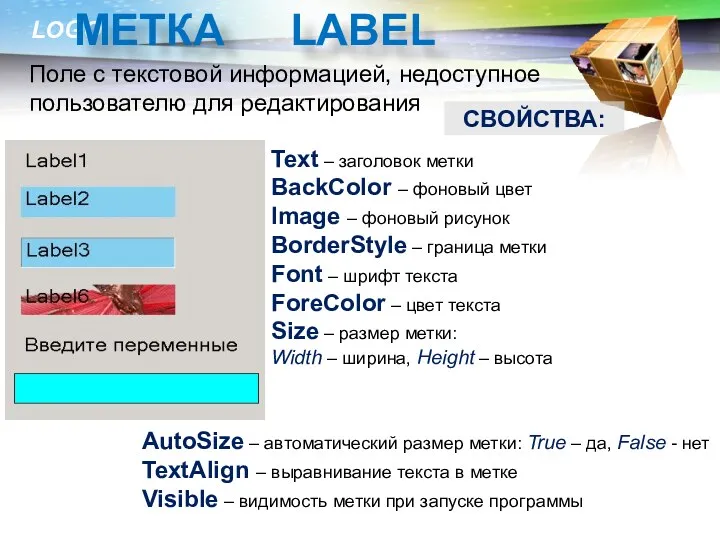 МЕТКА LABEL Поле с текстовой информацией, недоступное пользователю для редактирования