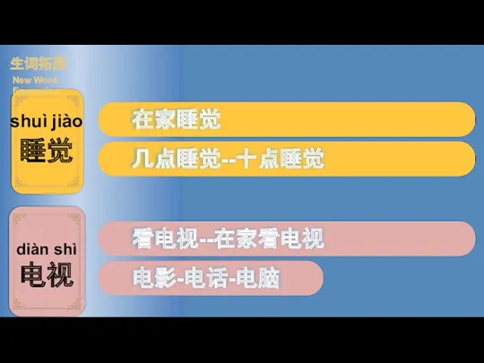 在家睡觉 几点睡觉--十点睡觉 看电视--在家看电视 电影-电话-电脑 生词拓展 New Word Expansion