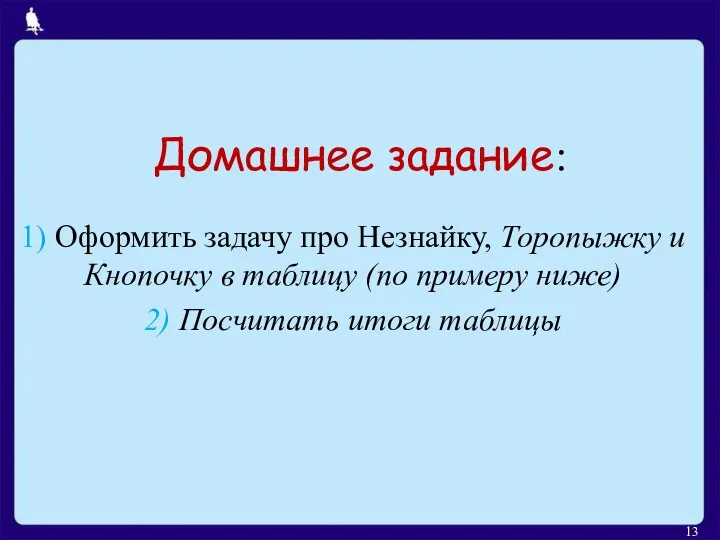 Домашнее задание: 1) Оформить задачу про Незнайку, Торопыжку и Кнопочку в таблицу (по