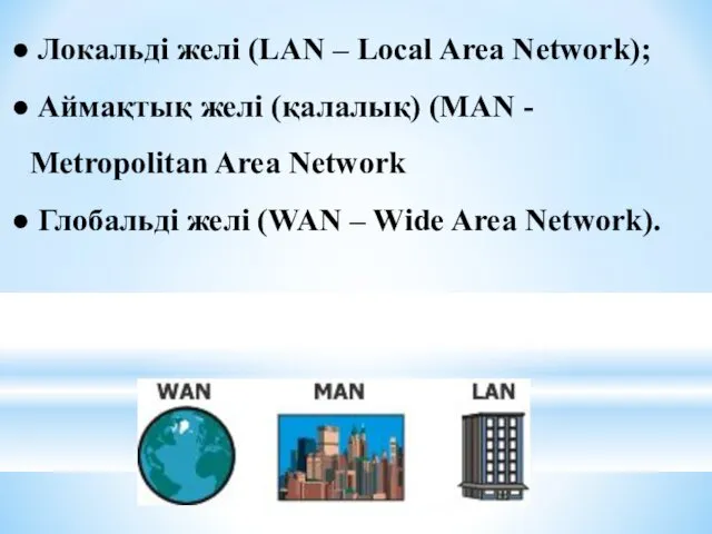 Локальді желі (LAN – Local Area Network); Аймақтық желі (қалалық)
