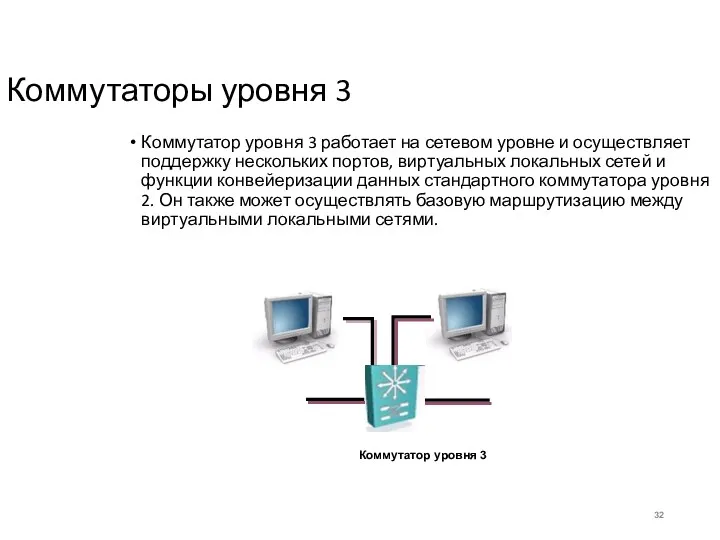 Коммутаторы уровня 3 Коммутатор уровня 3 работает на сетевом уровне