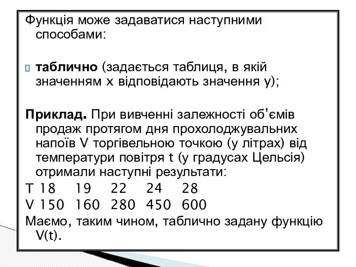 Функція може задаватися наступними способами: таблично (задається таблиця, в якій значенням x відповідають