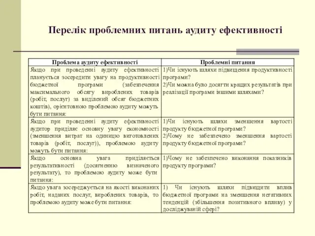 Перелік проблемних питань аудиту ефективності