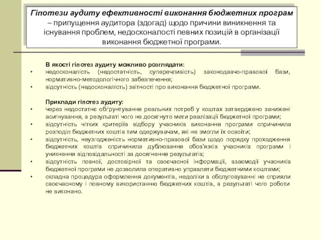 Гіпотези аудиту ефективності виконання бюджетних програм – припущення аудитора (здогад)