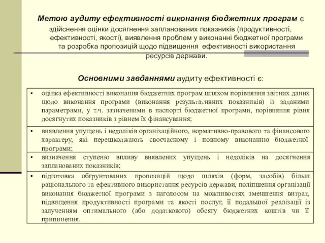 Метою аудиту ефективності виконання бюджетних програм є здійснення оцінки досягнення