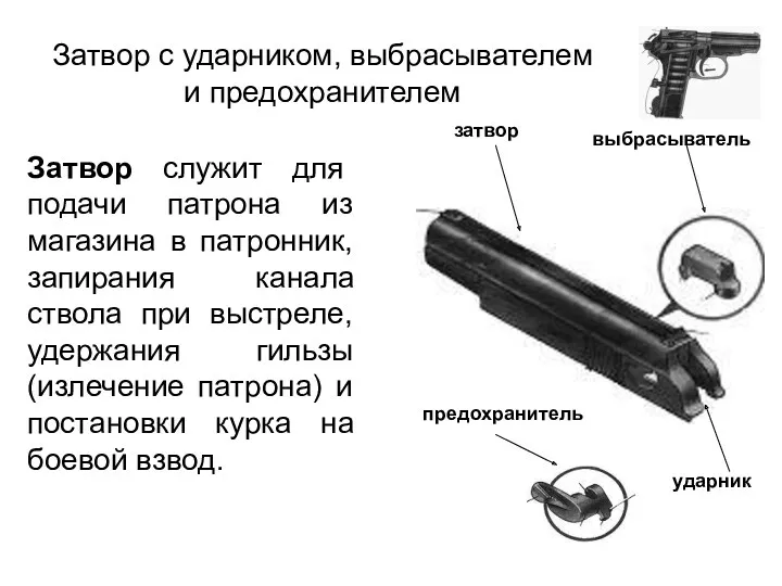 Затвор с ударником, выбрасывателем и предохранителем предохранитель затвор выбрасыватель ударник