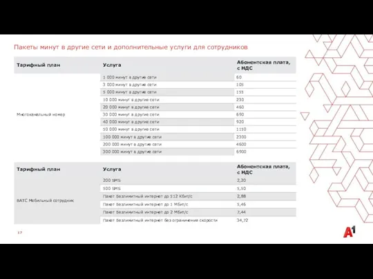 Пакеты минут в другие сети и дополнительные услуги для сотрудников