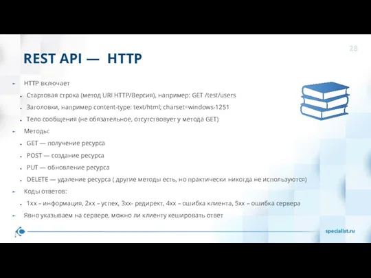 REST API — HTTP HTTP включает Стартовая строка (метод URI HTTP/Версия), например: GET