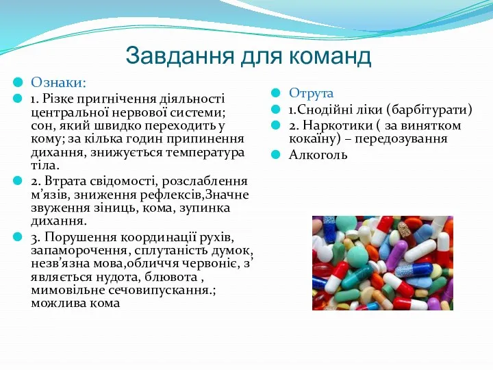 Завдання для команд Ознаки: 1. Різке пригнічення діяльності центральної нервової