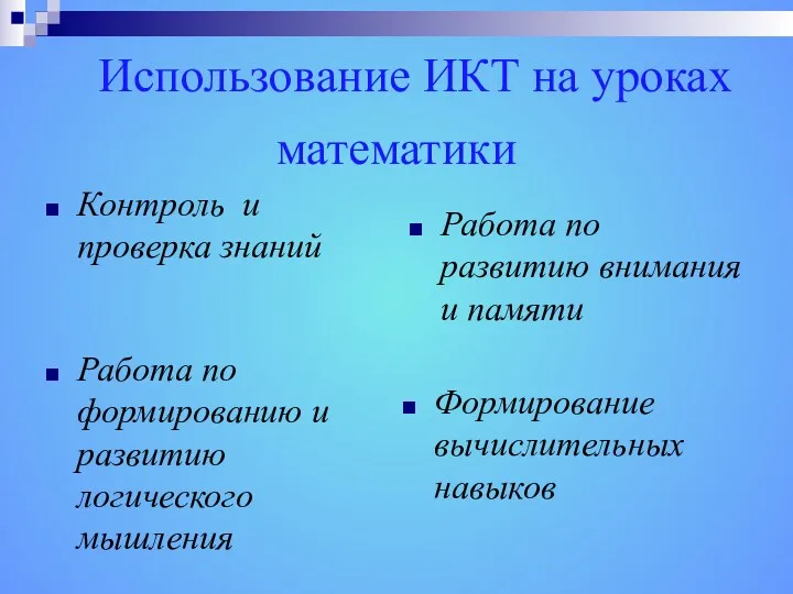 Использование ИКТ на уроках математики Контроль и проверка знаний Работа по развитию внимания