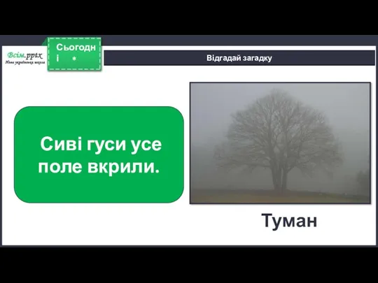 * Сьогодні Відгадай загадку Сиві гуси усе поле вкрили. Туман