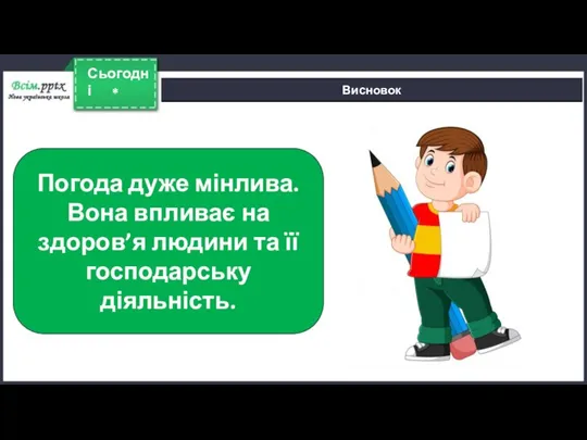 * Сьогодні Висновок Погода дуже мінлива. Вона впливає на здоров’я людини та її господарську діяльність.