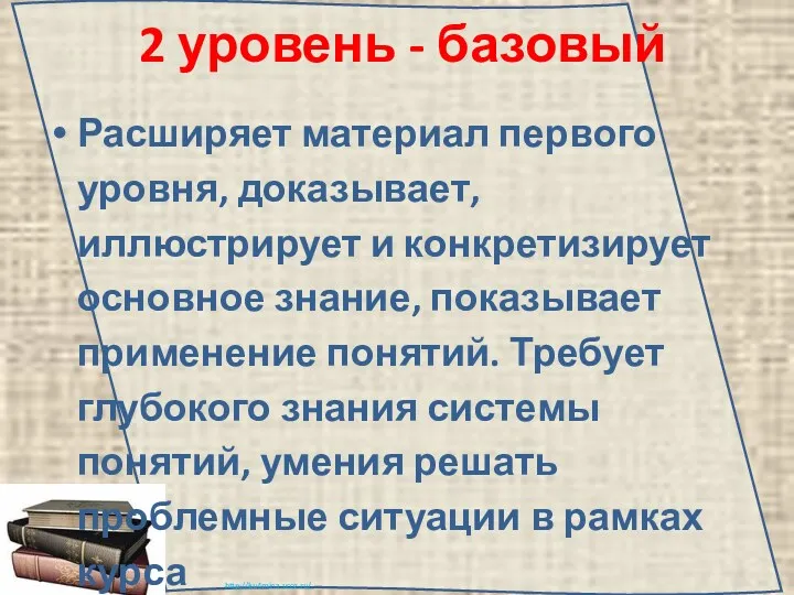 2 уровень - базовый Расширяет материал первого уровня, доказывает, иллюстрирует