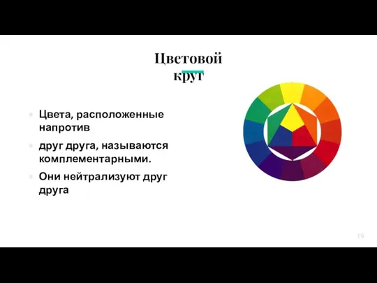 Цвета, расположенные напротив друг друга, называются комплементарными. Они нейтрализуют друг друга Цветовой круг