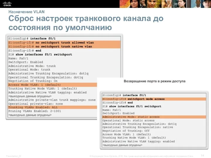 Назначение VLAN Сброс настроек транкового канала до состояния по умолчанию