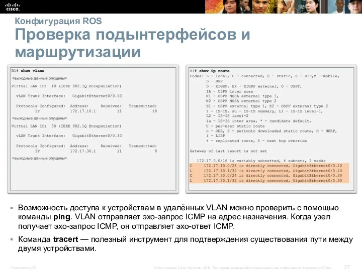 Конфигурация ROS Проверка подынтерфейсов и маршрутизации Возможность доступа к устройствам