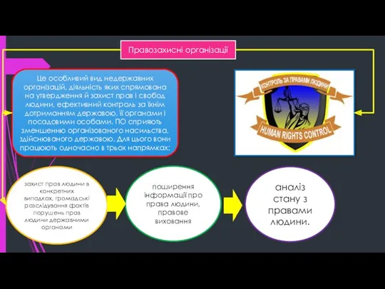 Правозахисні організації Це особливий вид недержавних організацій, діяльність яких спрямована