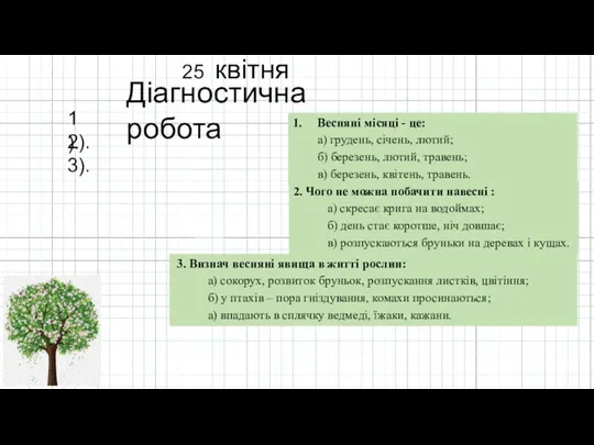 25 квітня Діагностична робота 1). 2). 3). 1. Весняні місяці