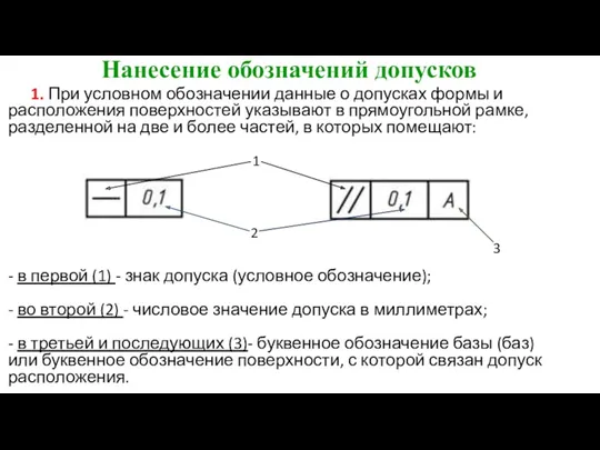 Нанесение обозначений допусков 1. При условном обозначении данные о допусках