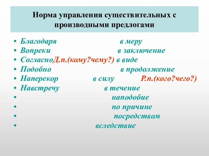 Норма управления существительных с производными предлогами Благодаря в меру Вопреки