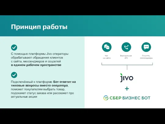 Принцип работы С помощью платформы Jivo операторы обрабатывают обращения клиентов