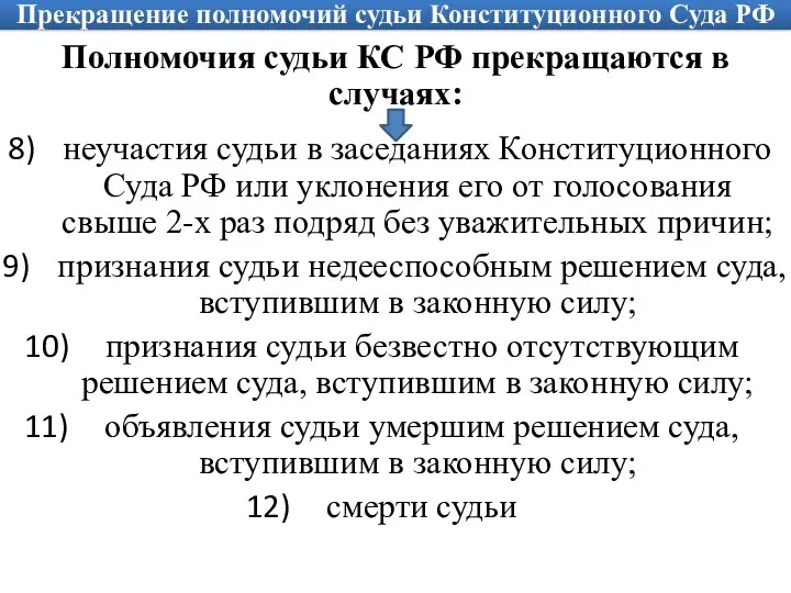 Прекращение полномочий судьи Конституционного Суда РФ Полномочия судьи КС РФ