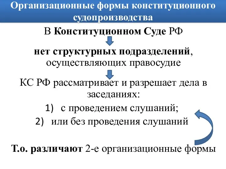 Организационные формы конституционного судопроизводства В Конституционном Суде РФ нет структурных