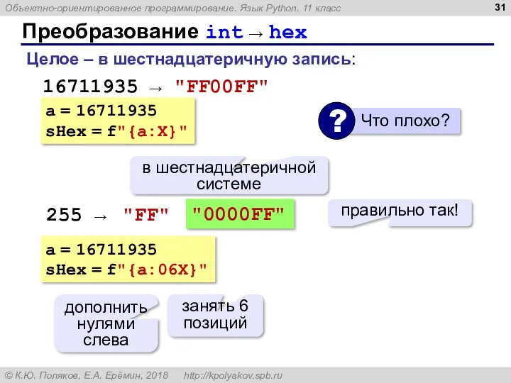 Преобразование int → hex Целое – в шестнадцатеричную запись: "0000FF"