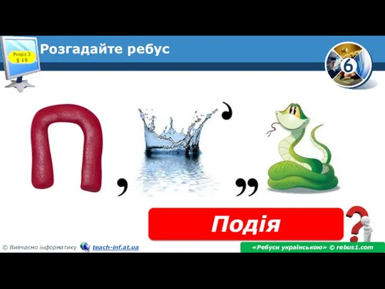 Розгадайте ребус Подія «Ребуси українською» © rebus1.com Розділ 3 § 19