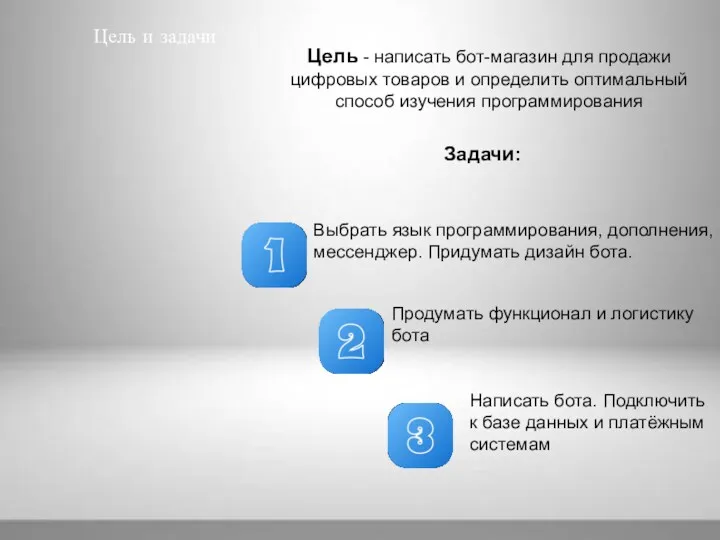 Цель и задачи Цель - написать бот-магазин для продажи цифровых товаров и определить