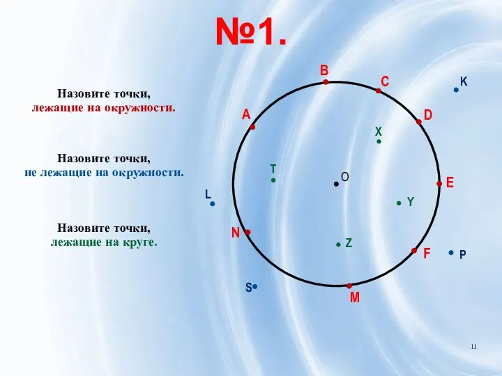 Назовите точки, лежащие на окружности. M N F E D