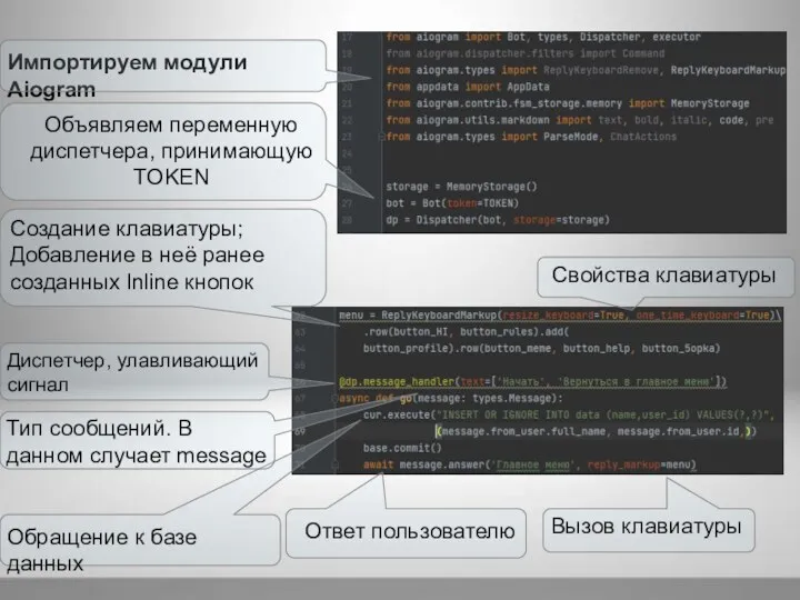 Импортируем модули Aiogram Объявляем переменную диспетчера, принимающую TOKEN Диспетчер, улавливающий